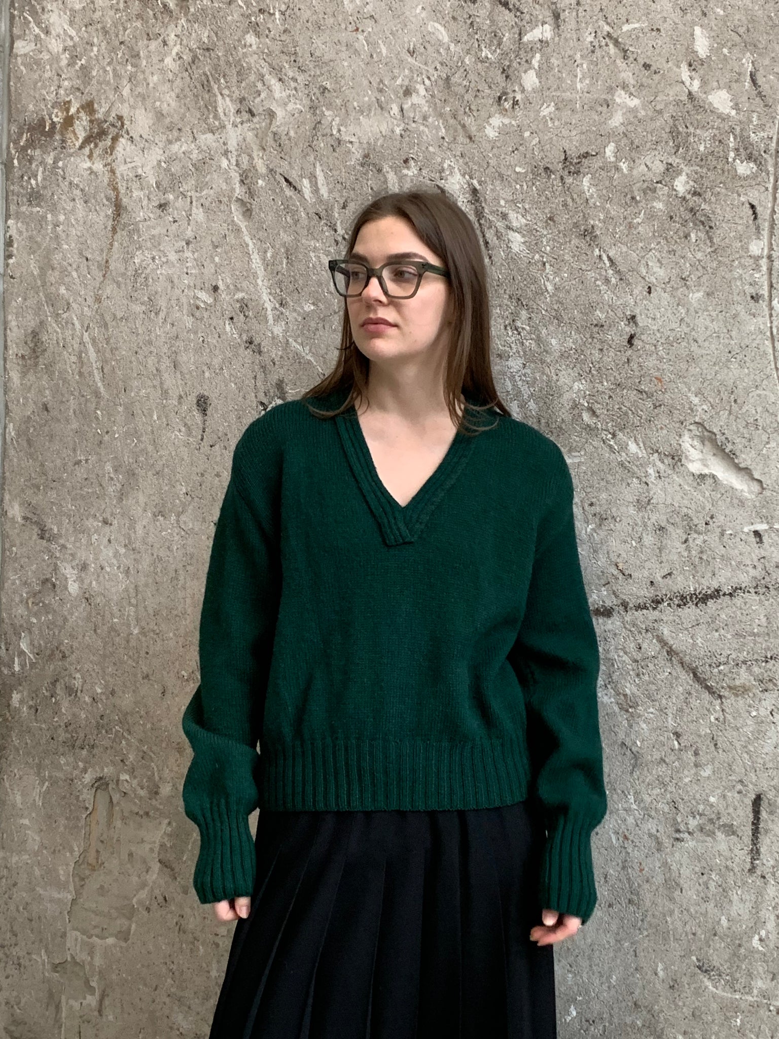 green vneck wool sweater