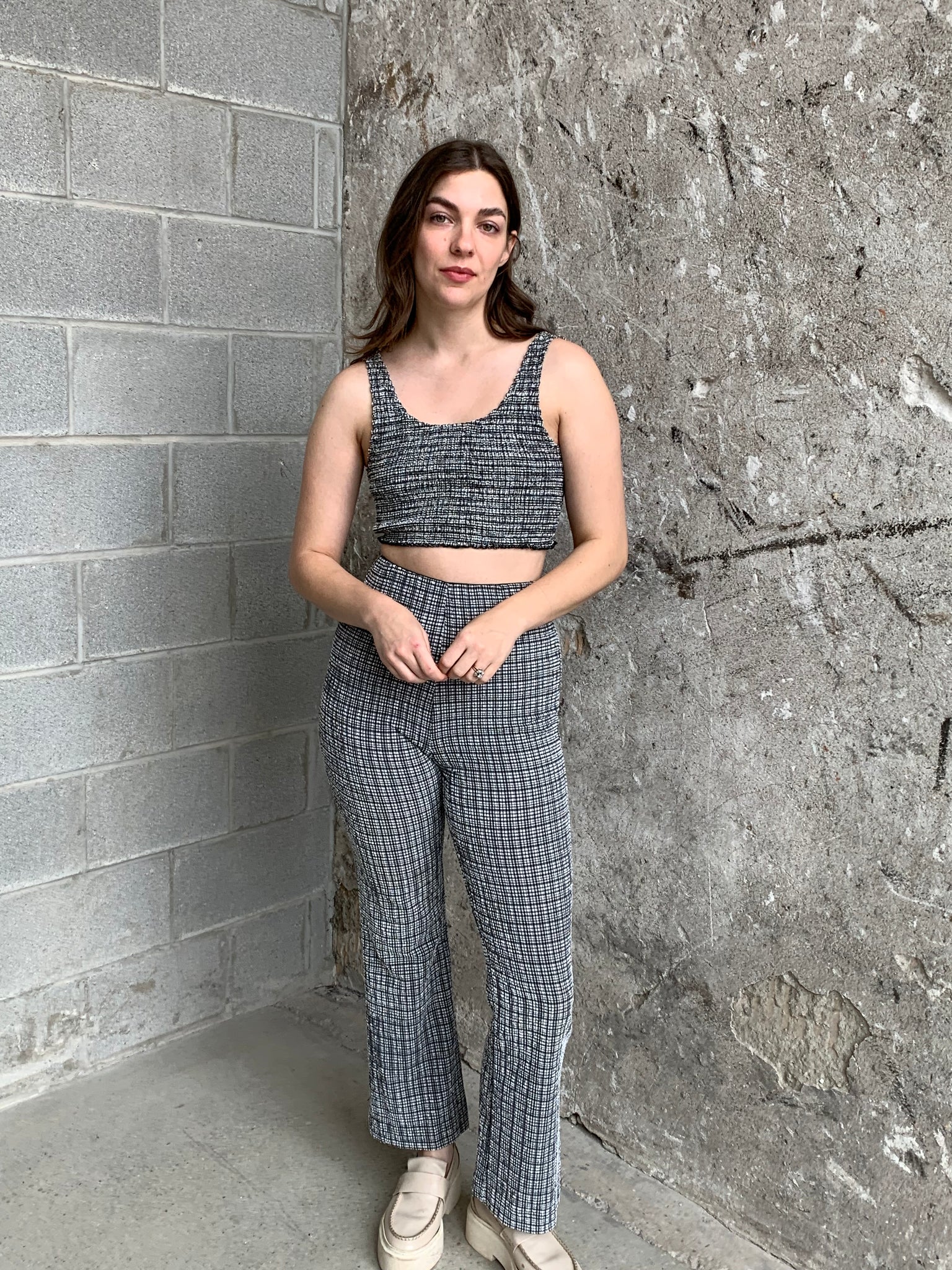 shirred check pant set