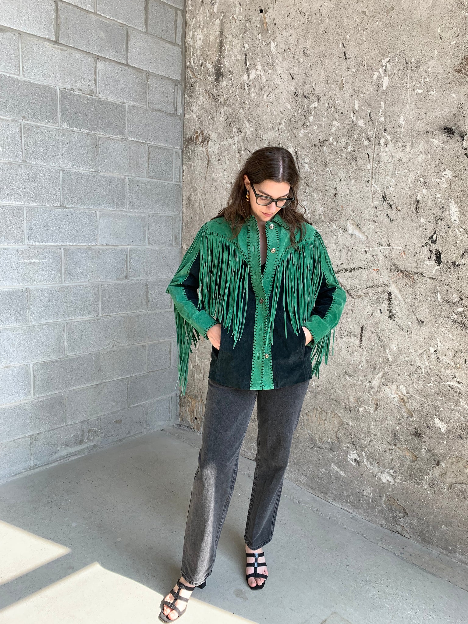 green suede fringe jacket