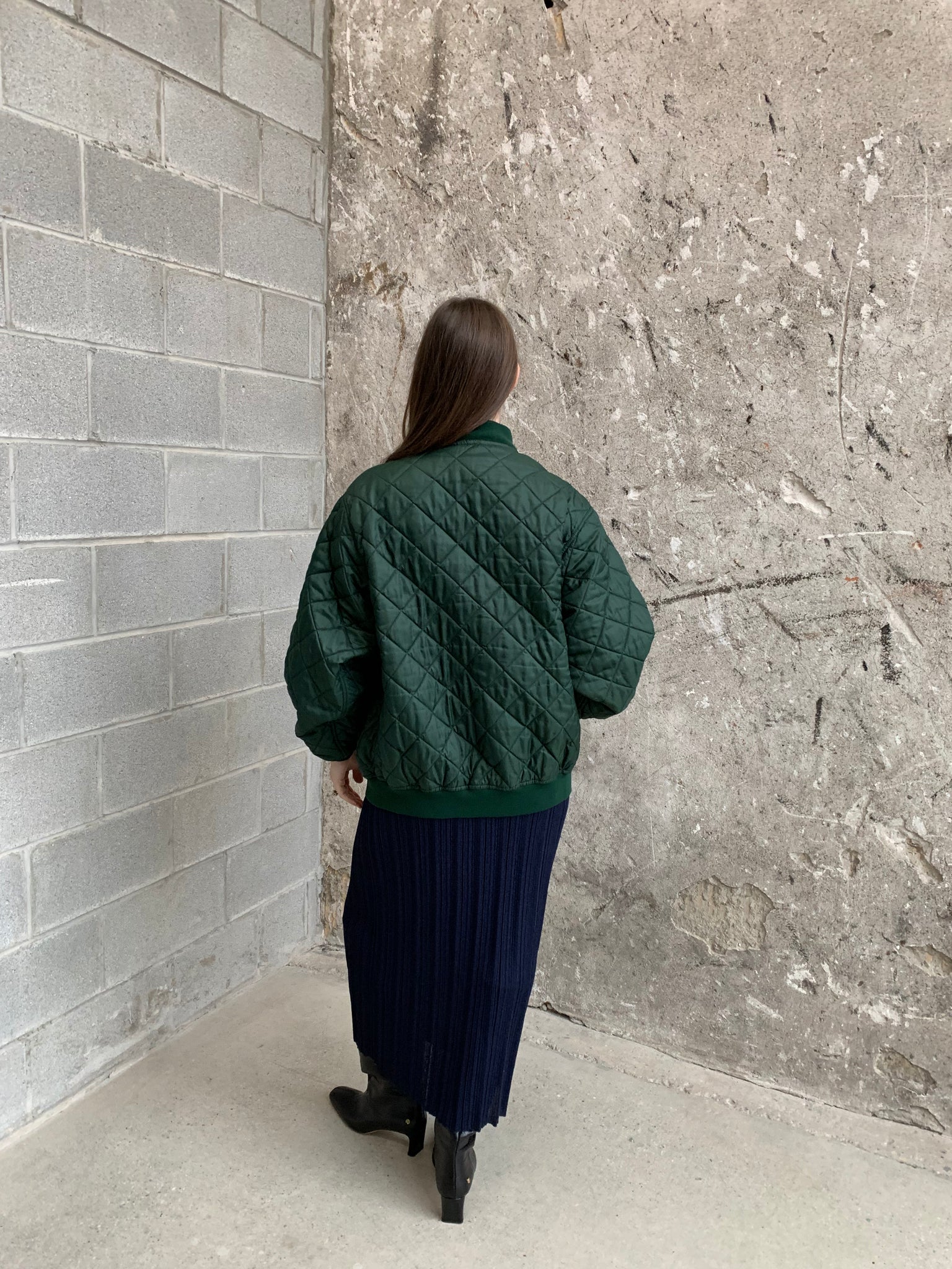 green quilted bomber jacket