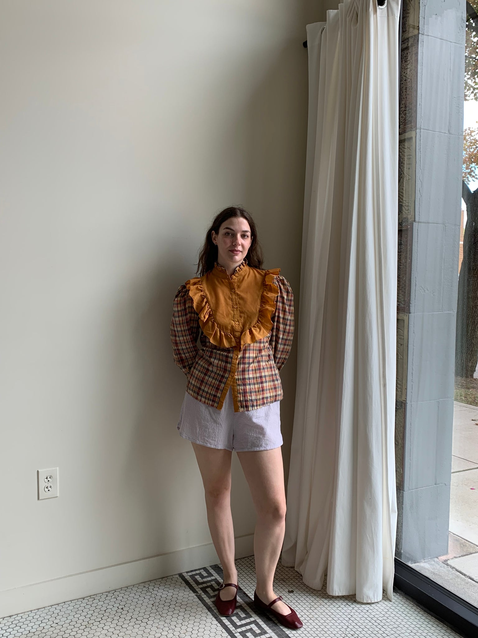 Plaid bib blouse