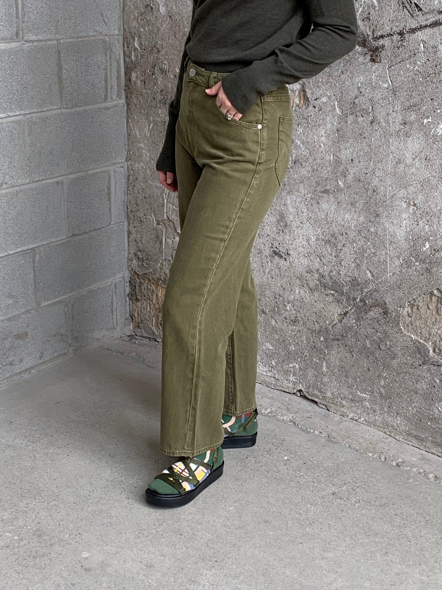 green loose straight jeans