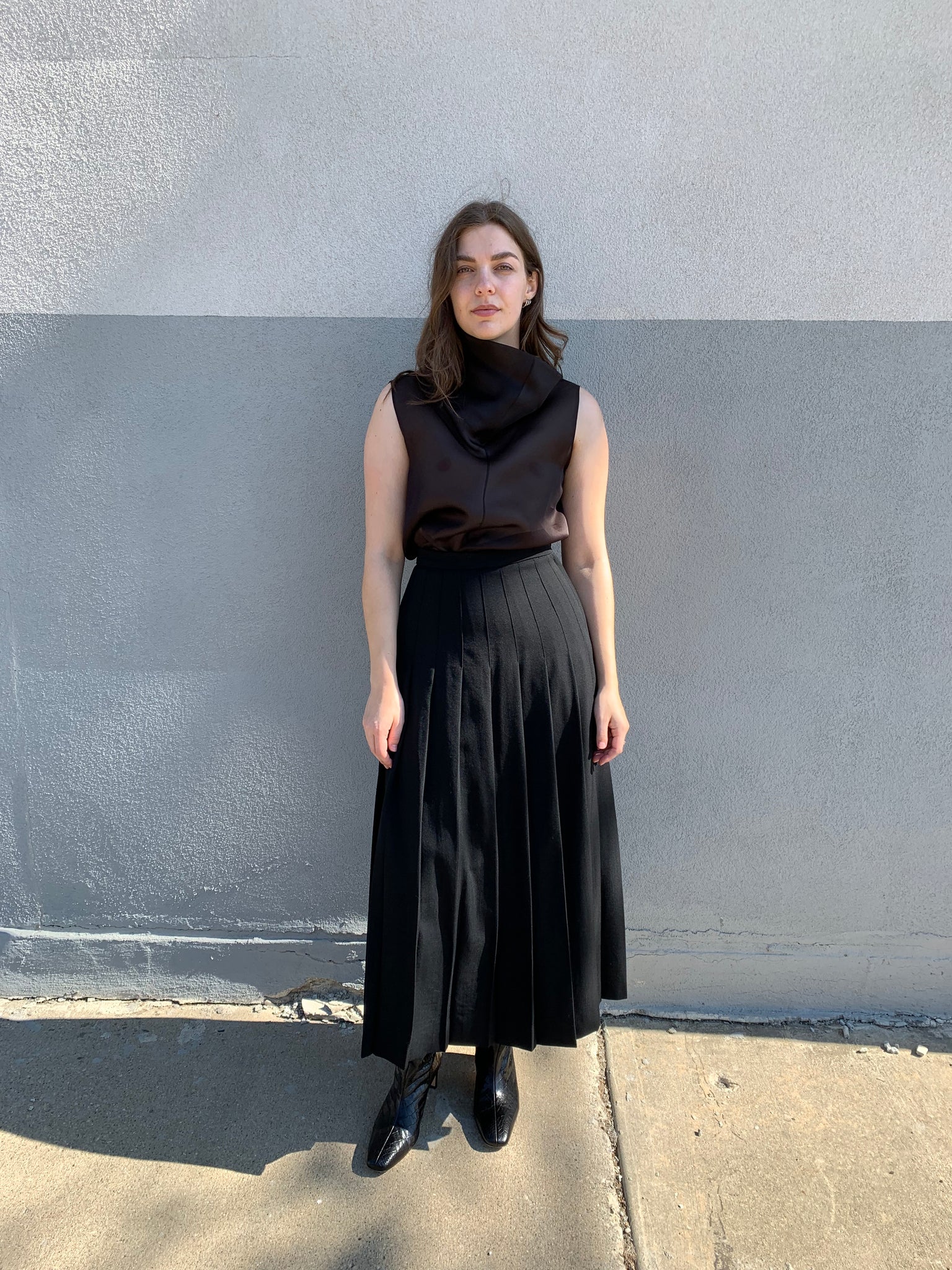 black vintage pleated wool skirt