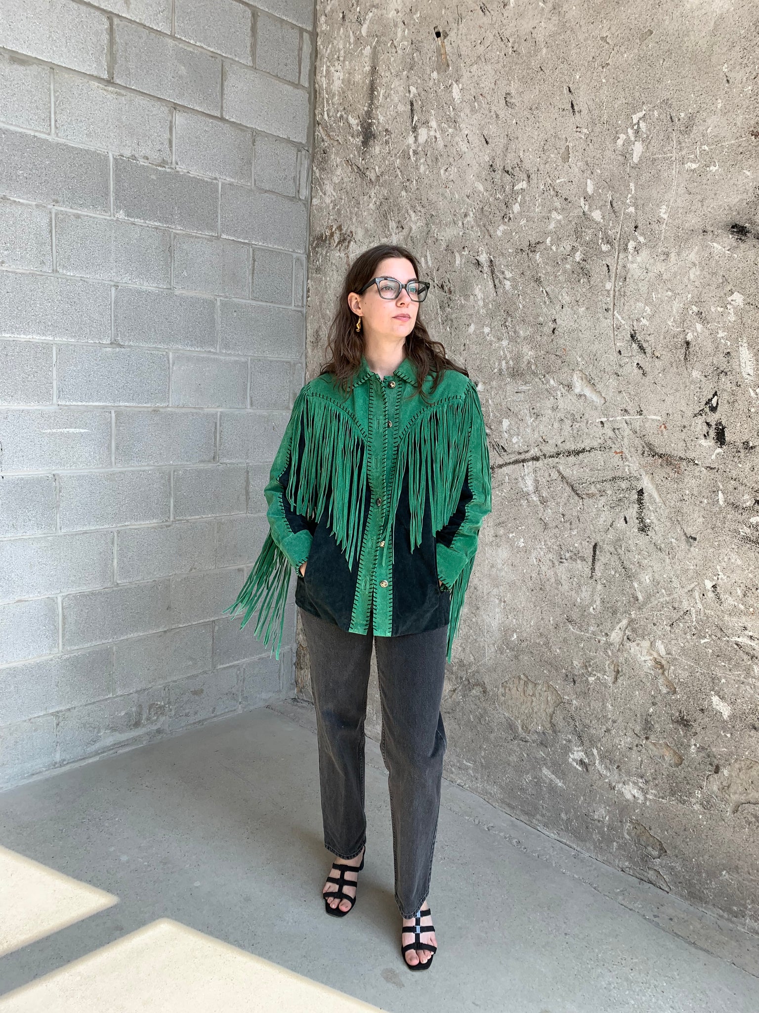 green suede fringe jacket