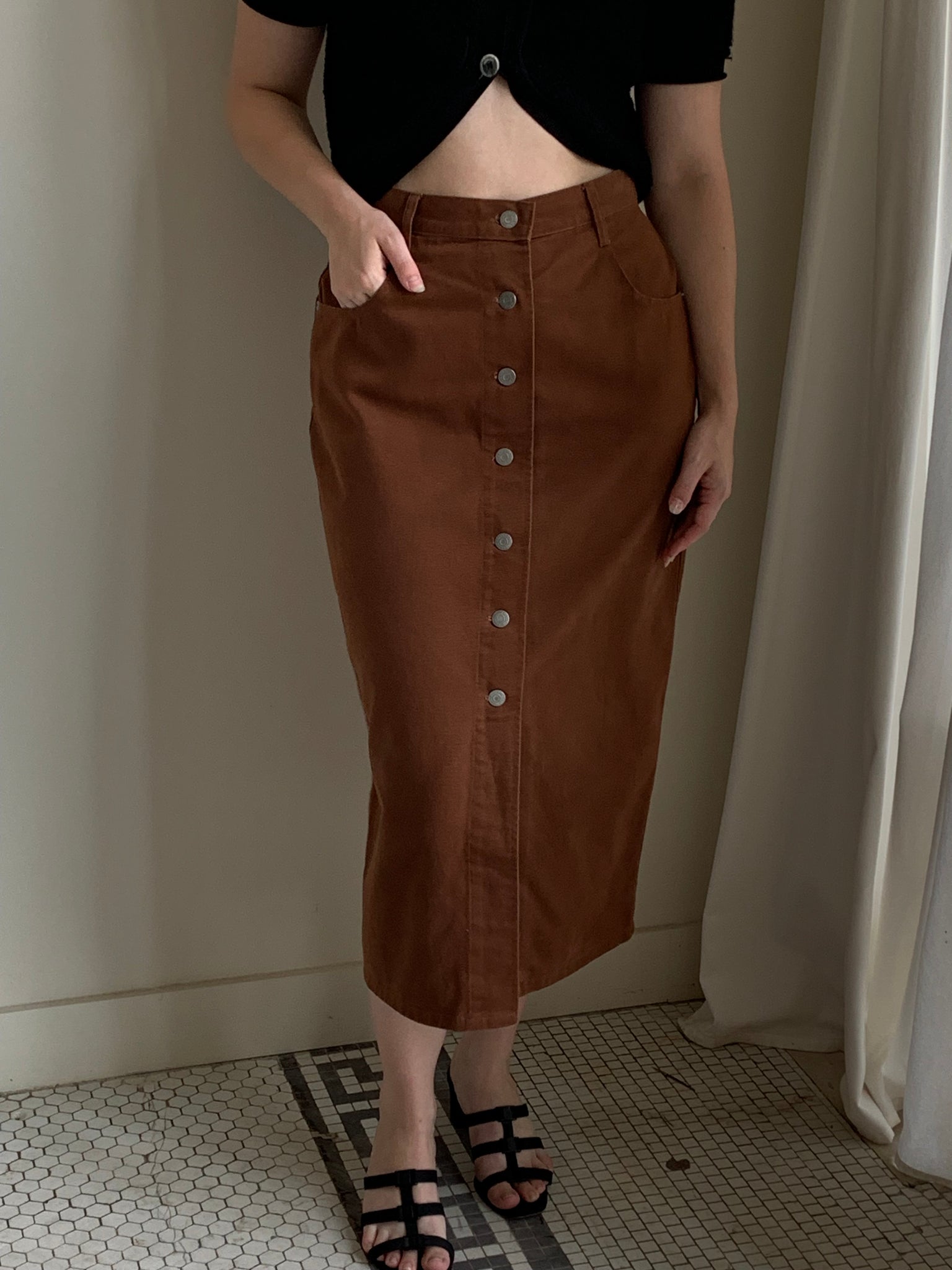 Brown denim vintage midi skirt