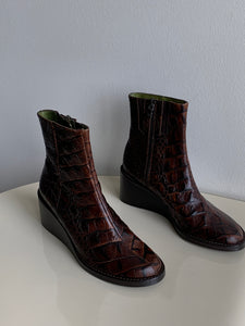 brown croc wedge boots