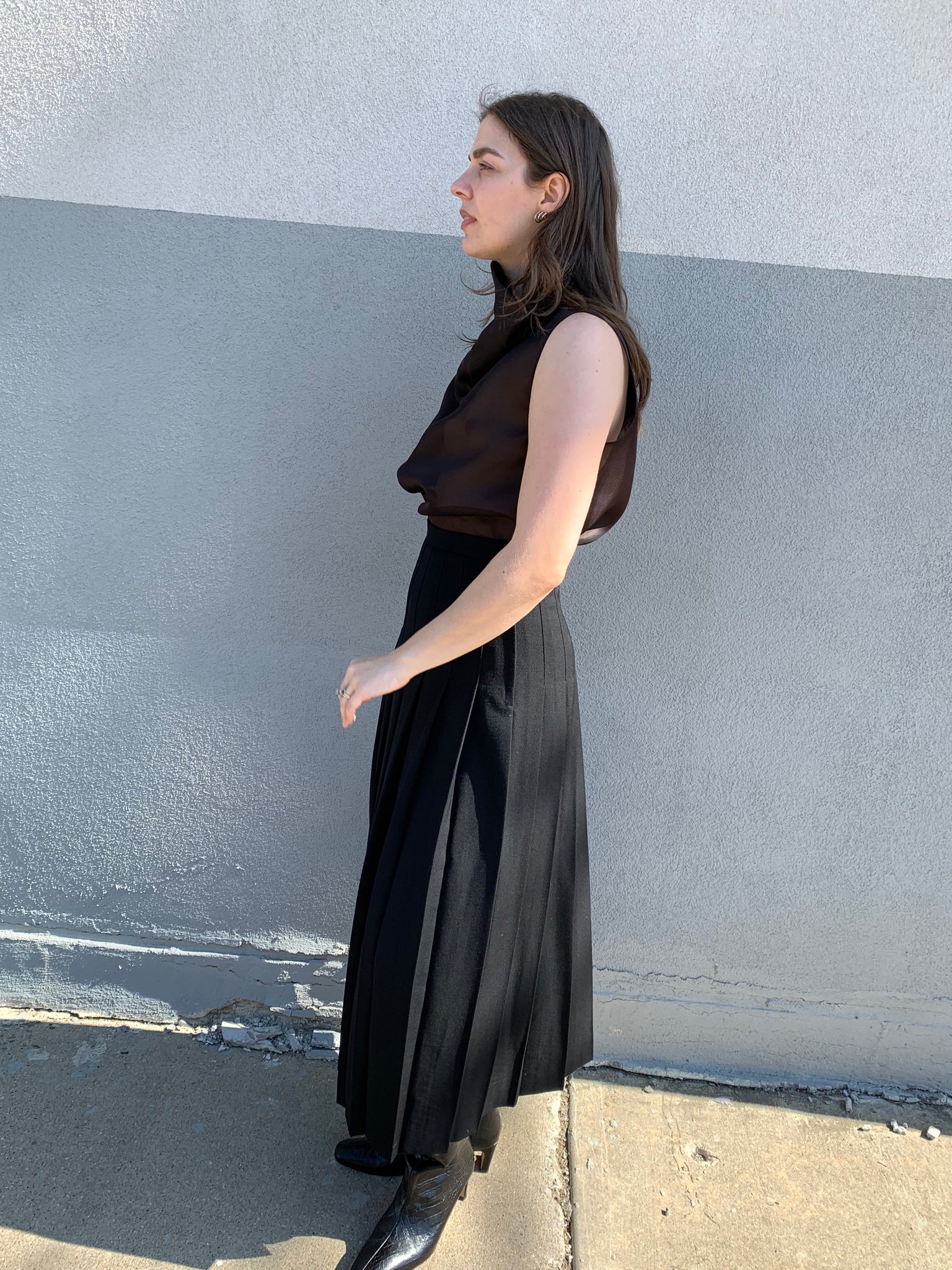 black vintage pleated wool skirt