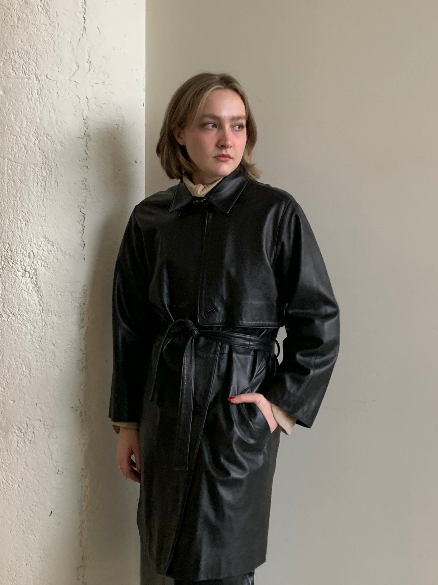 Black leather trench