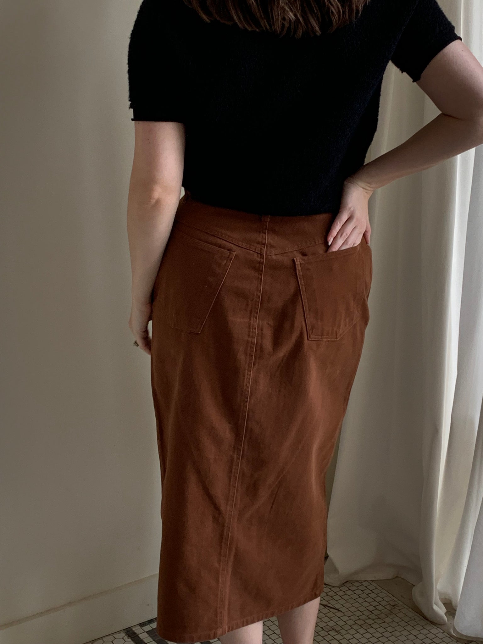 Brown denim vintage midi skirt