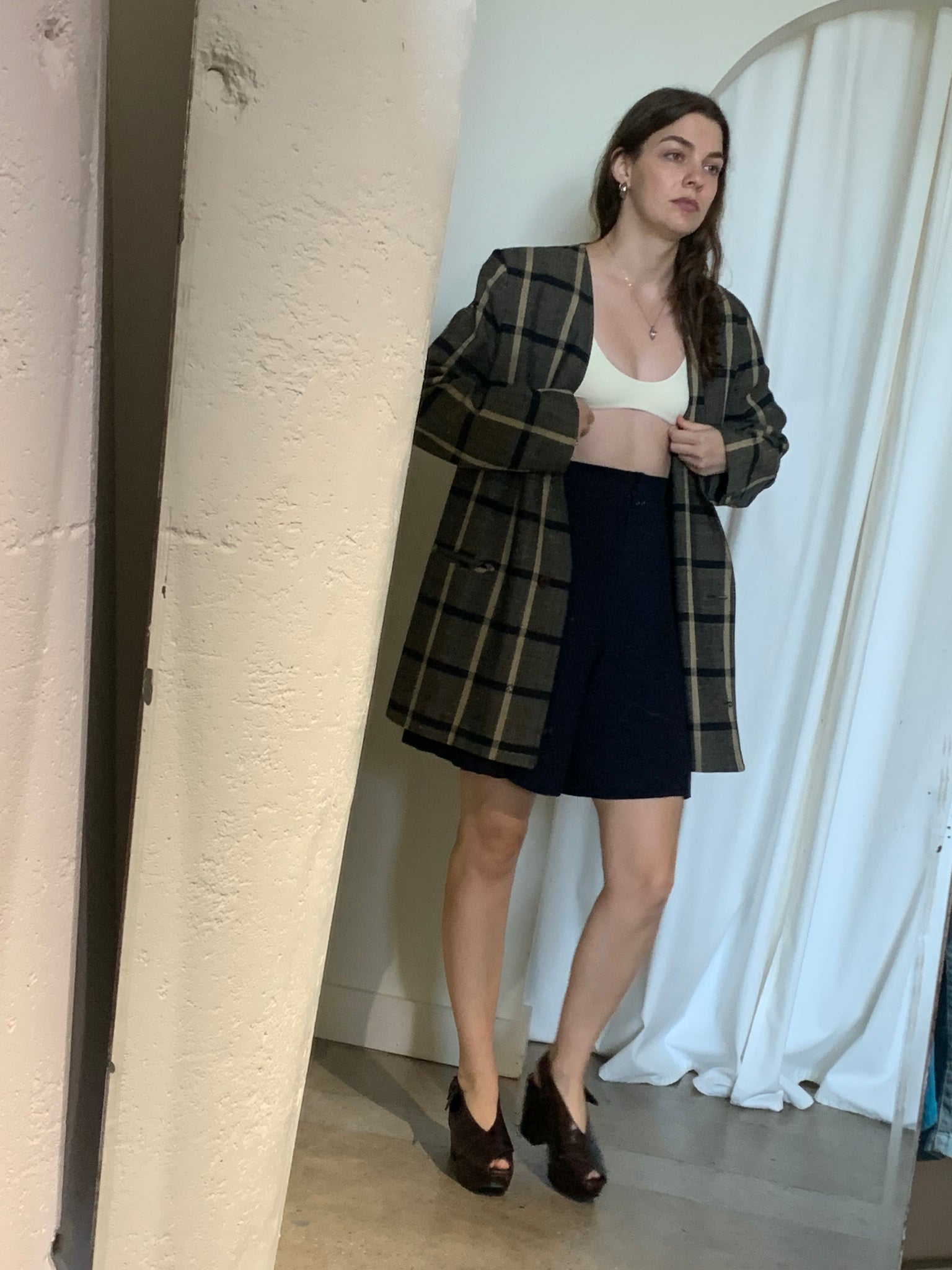 plaid long blazer