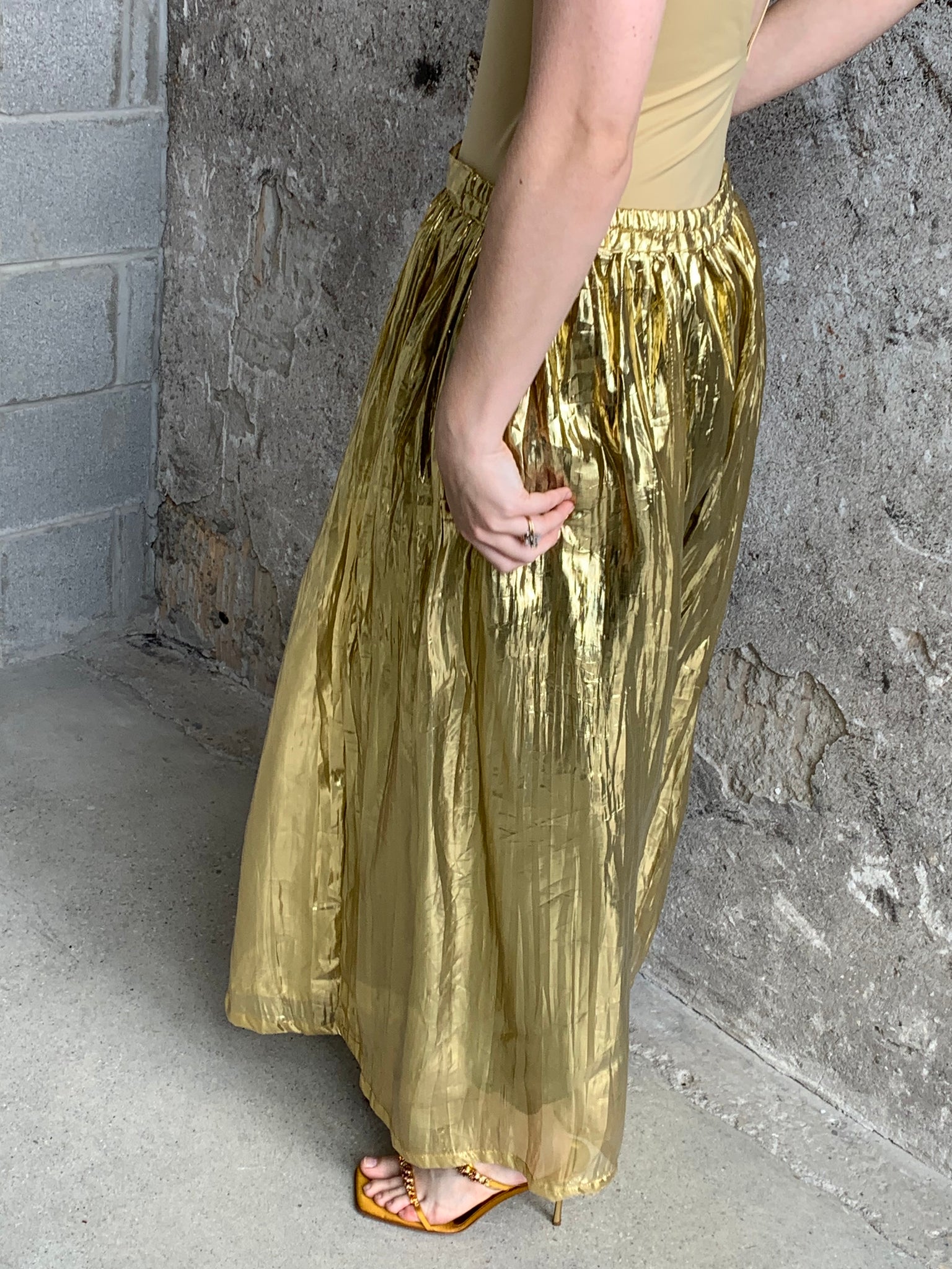 gold lame wide leg pants