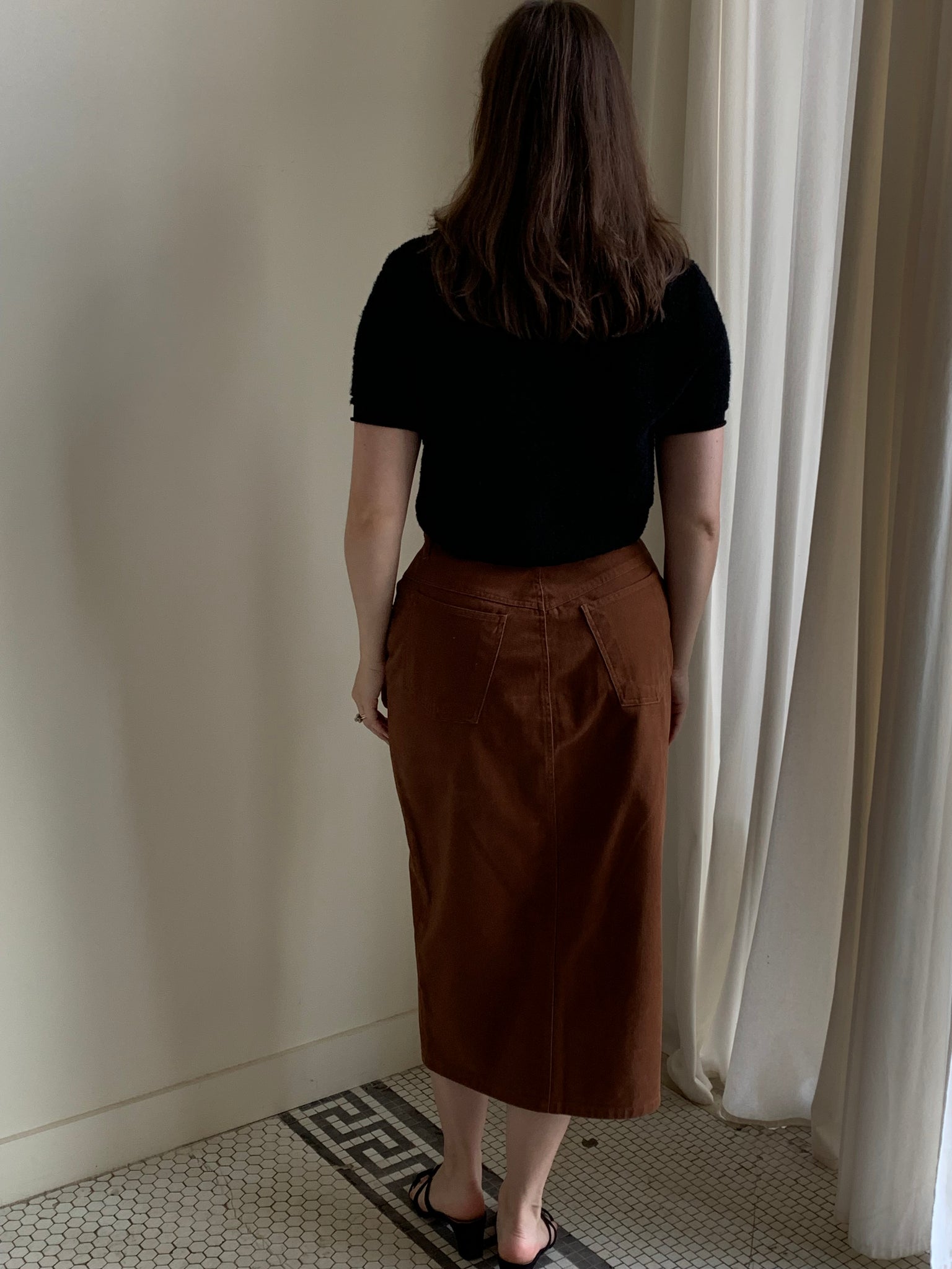 Brown denim vintage midi skirt