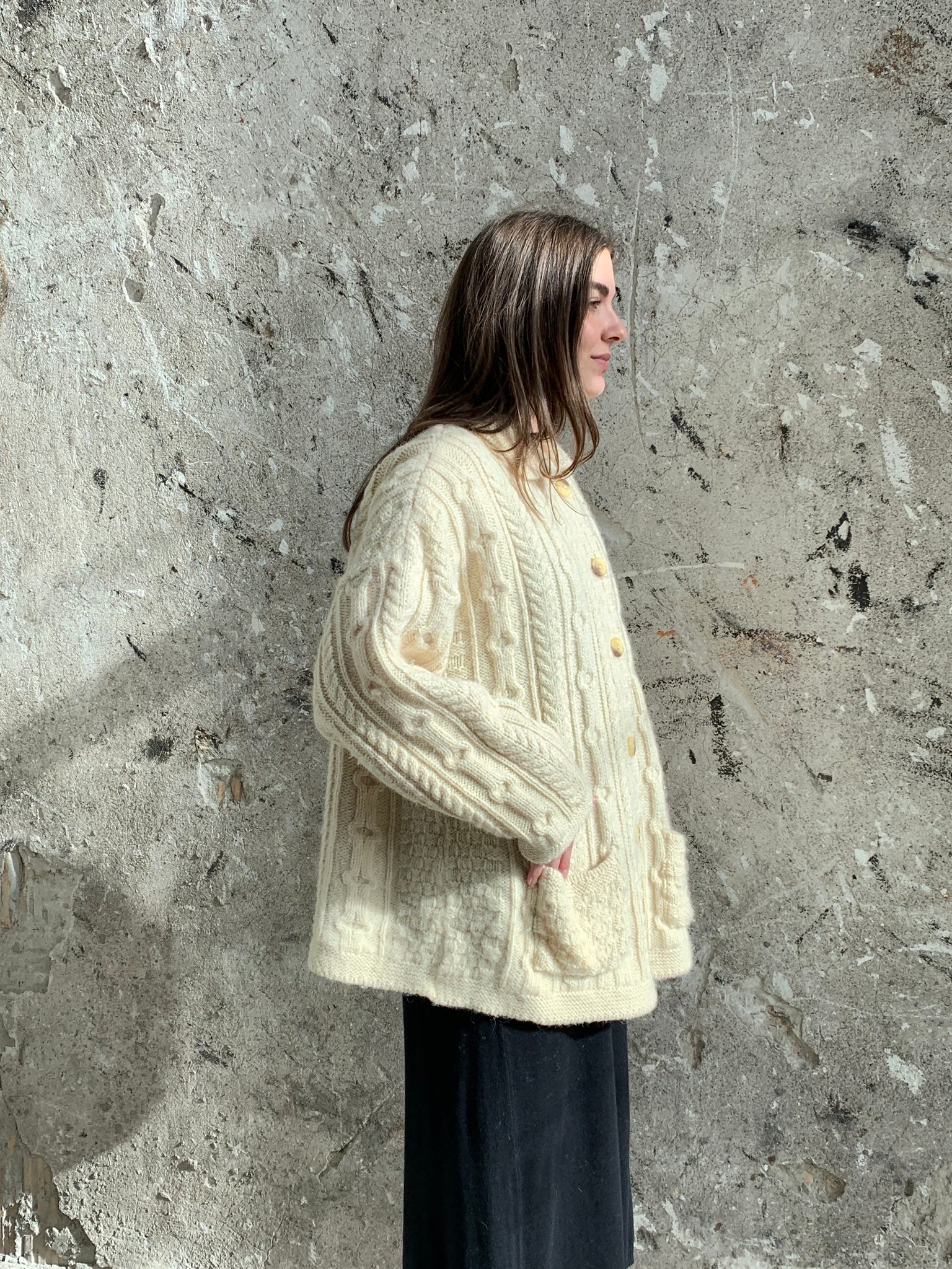 Aran cable knit sweater coat