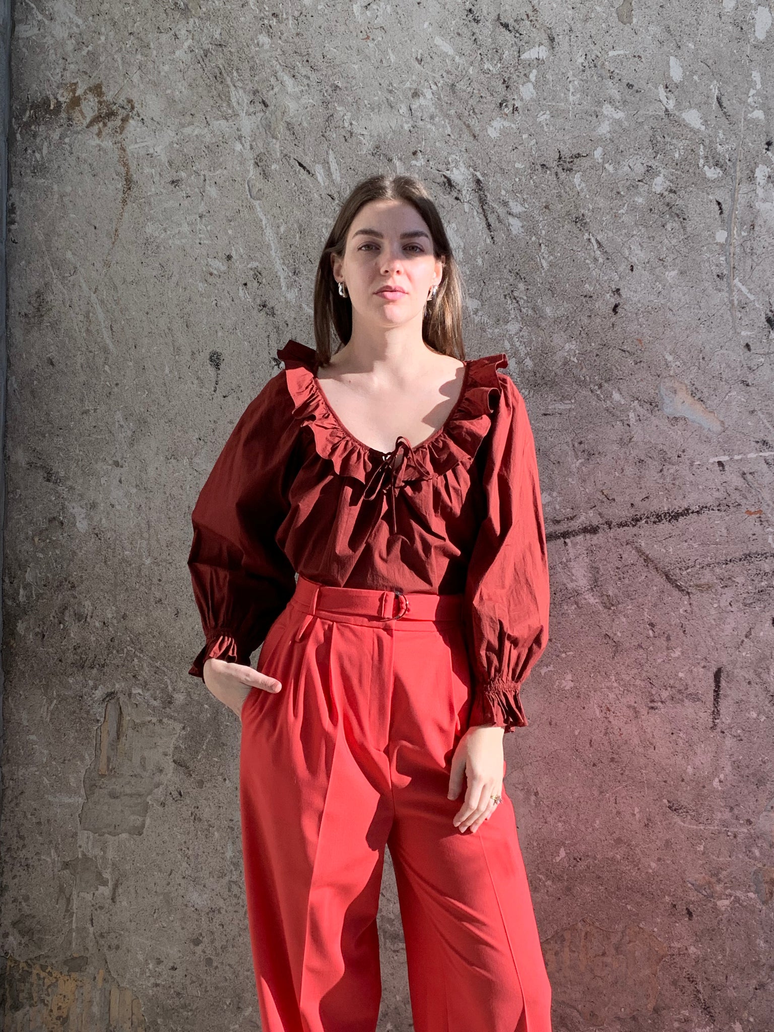 DÔEN red ruffle blouse