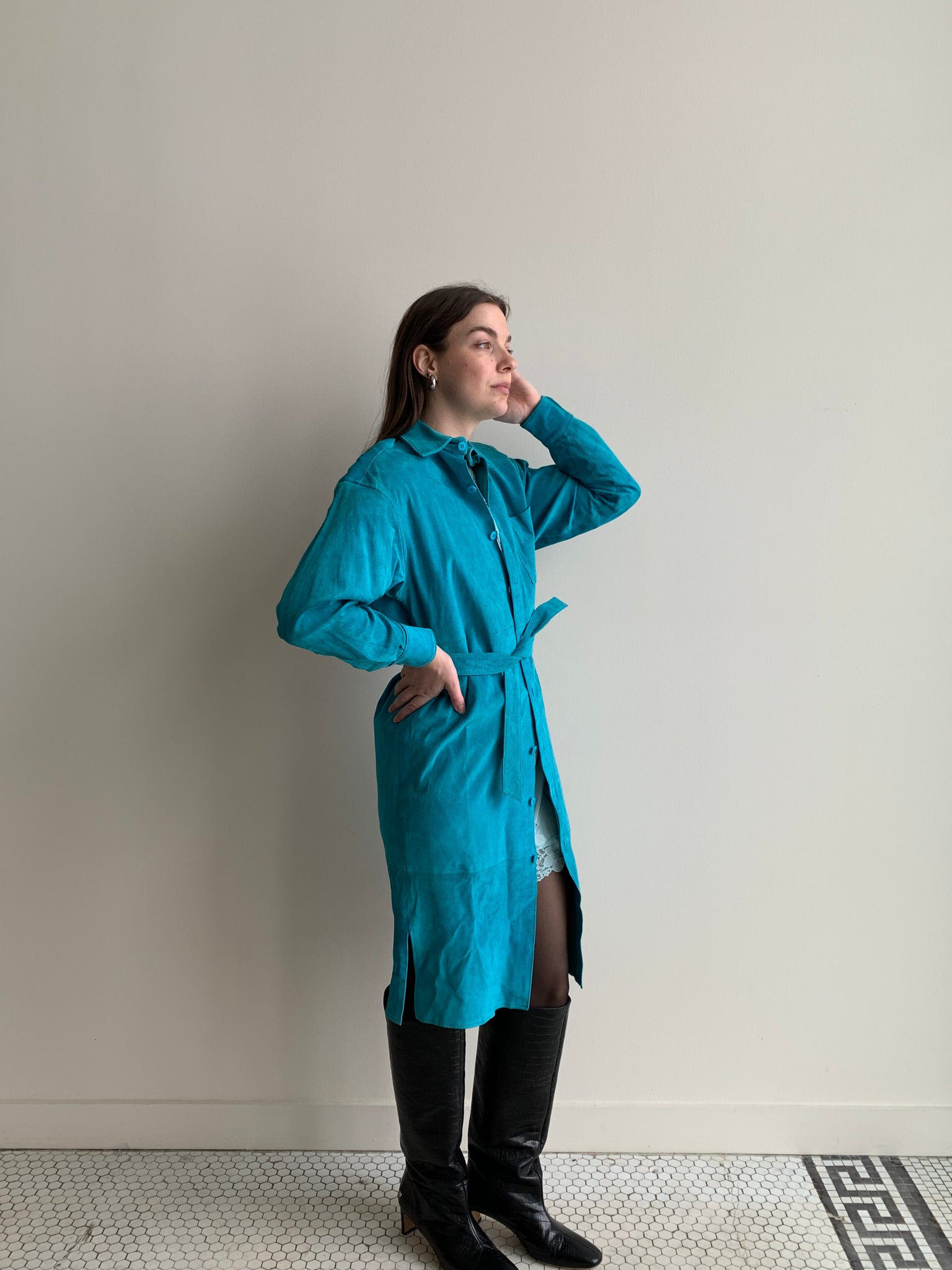 aqua suede jacket dress