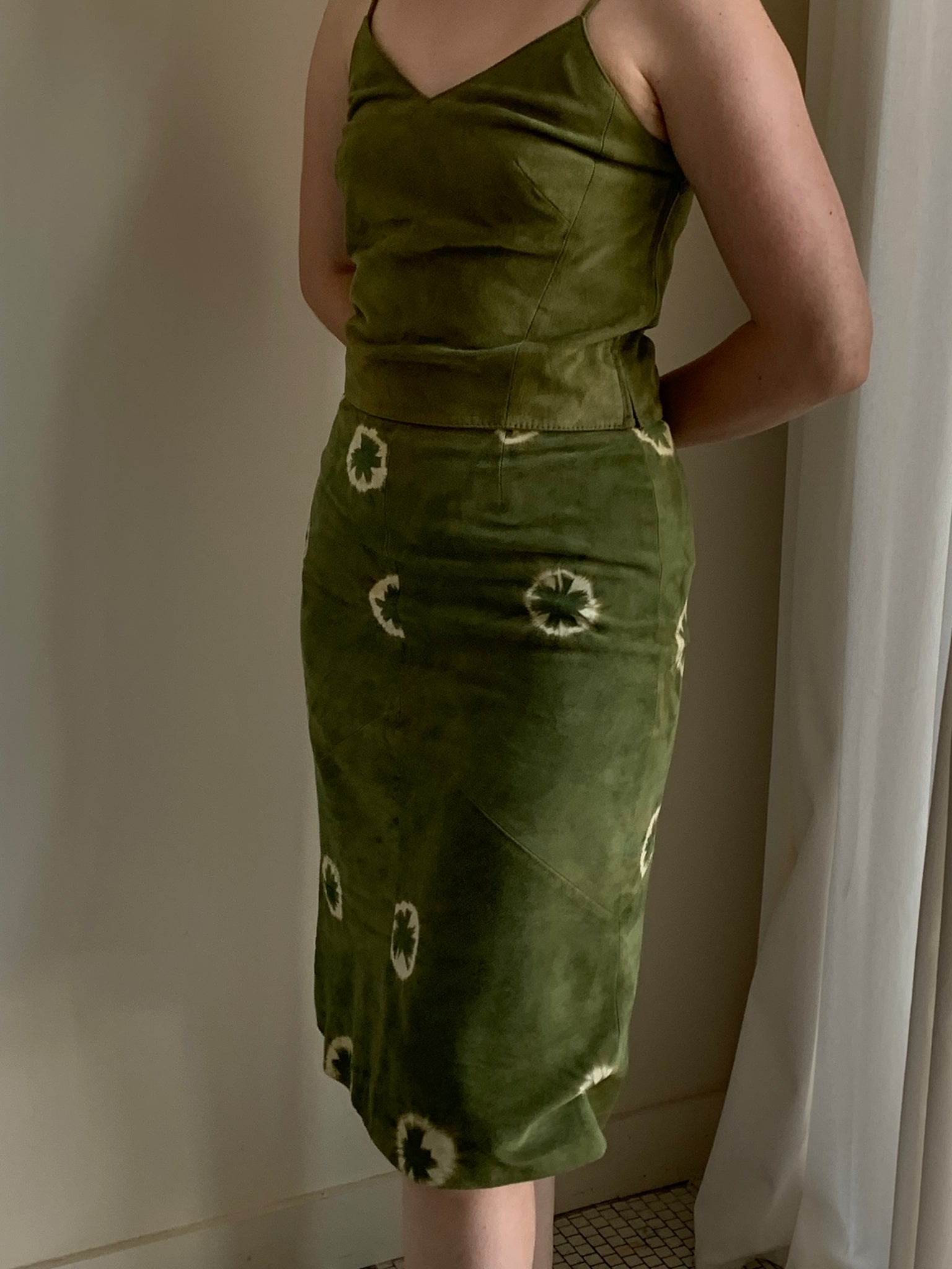 Green suede skirt set