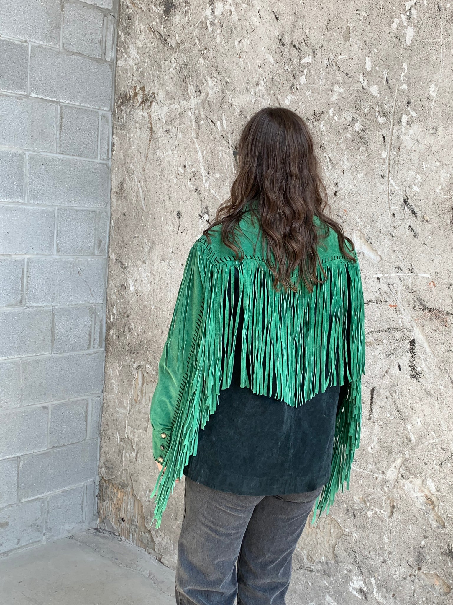 green suede fringe jacket