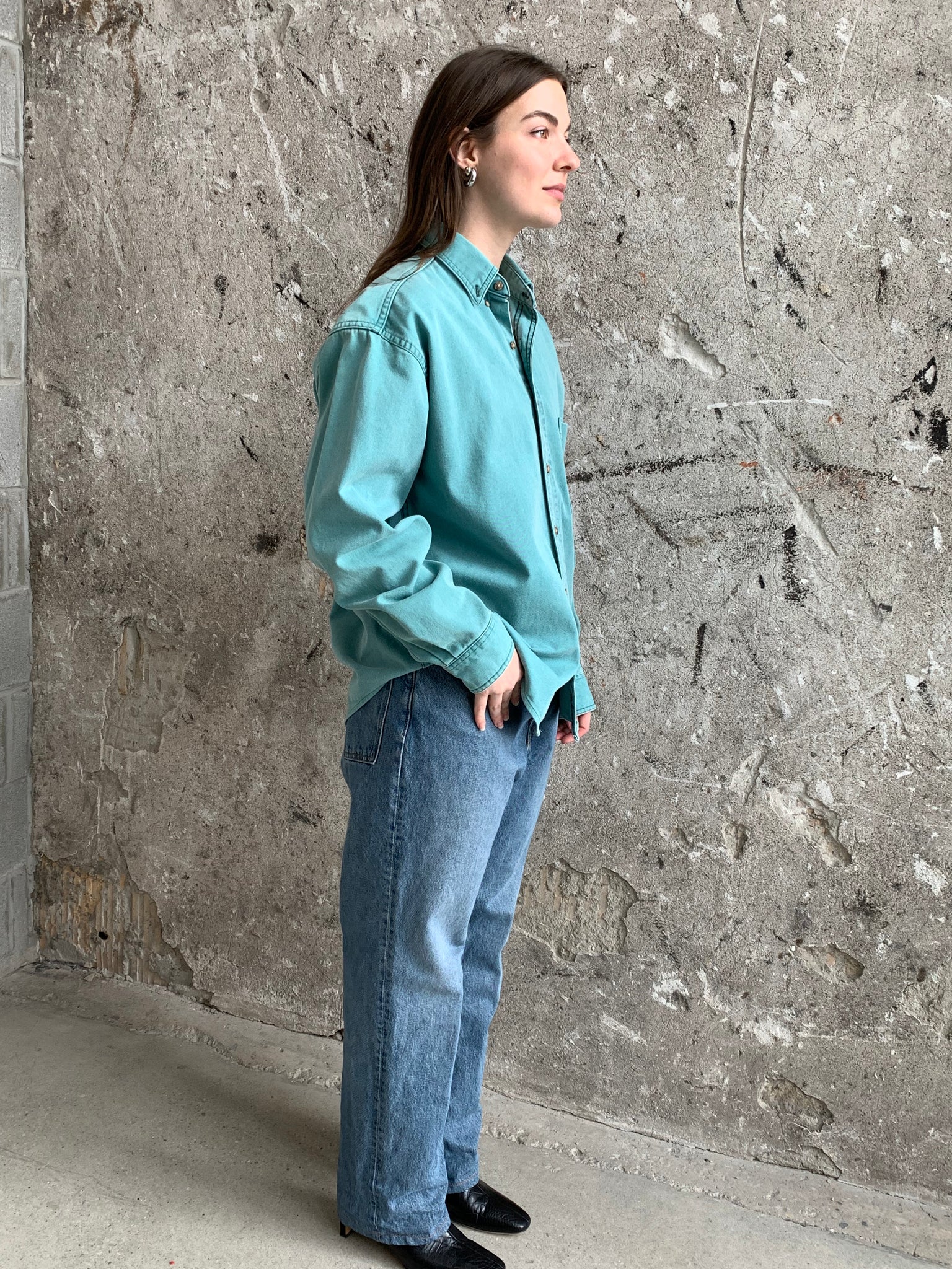 teal button down shirt