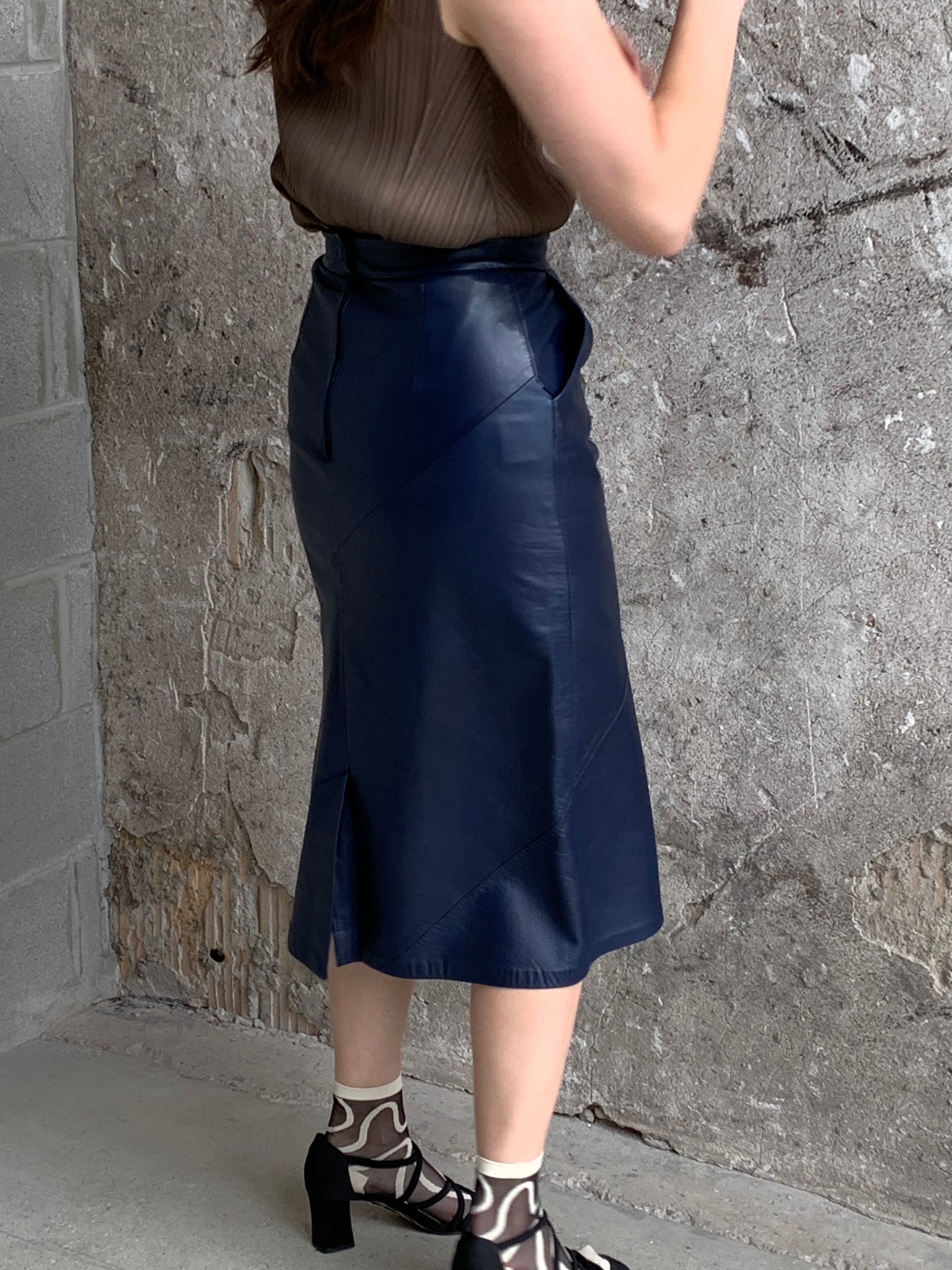 navy leather midi skirt