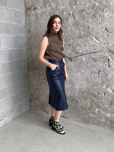 navy leather midi skirt