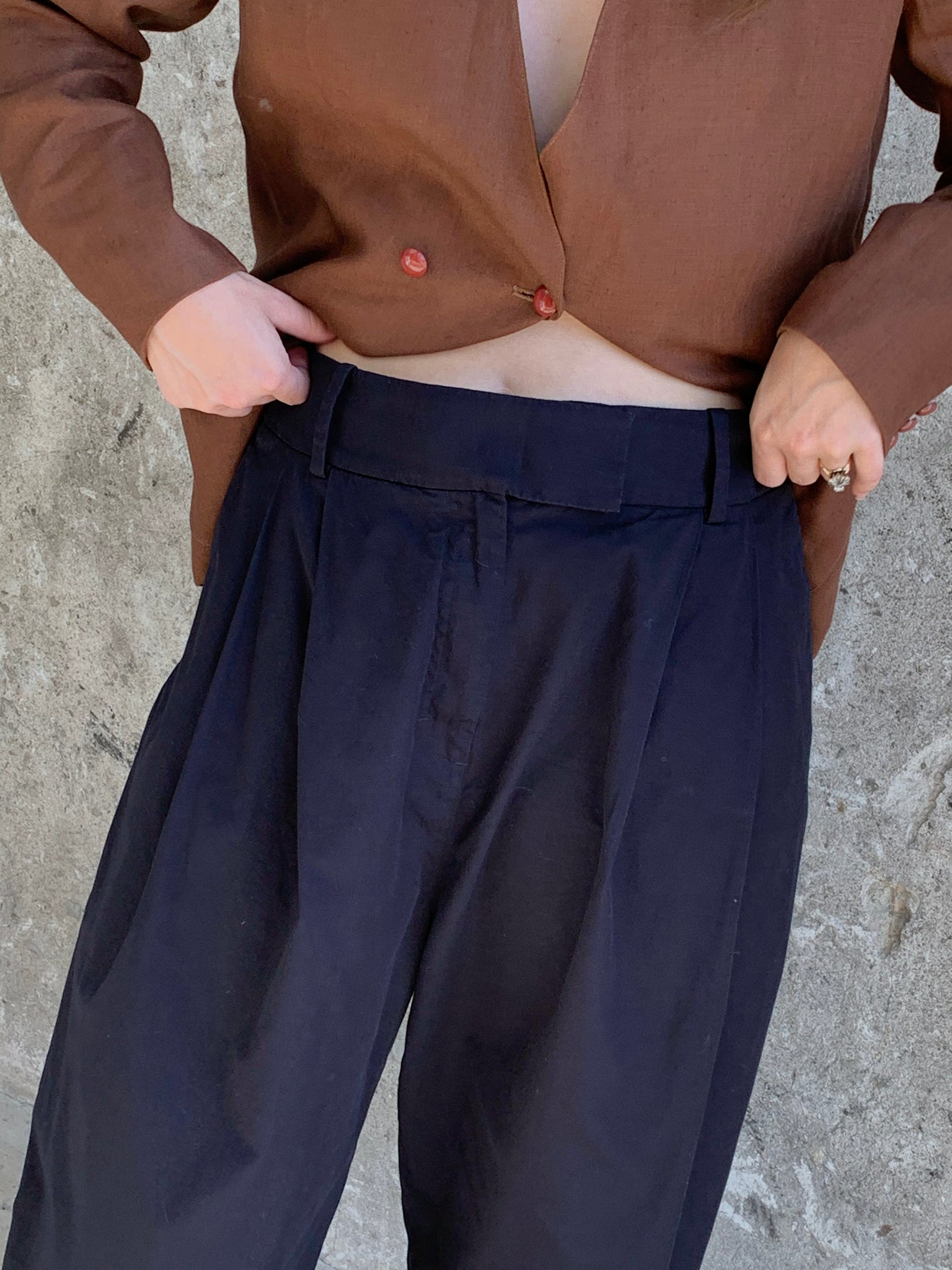 navy pleated pants