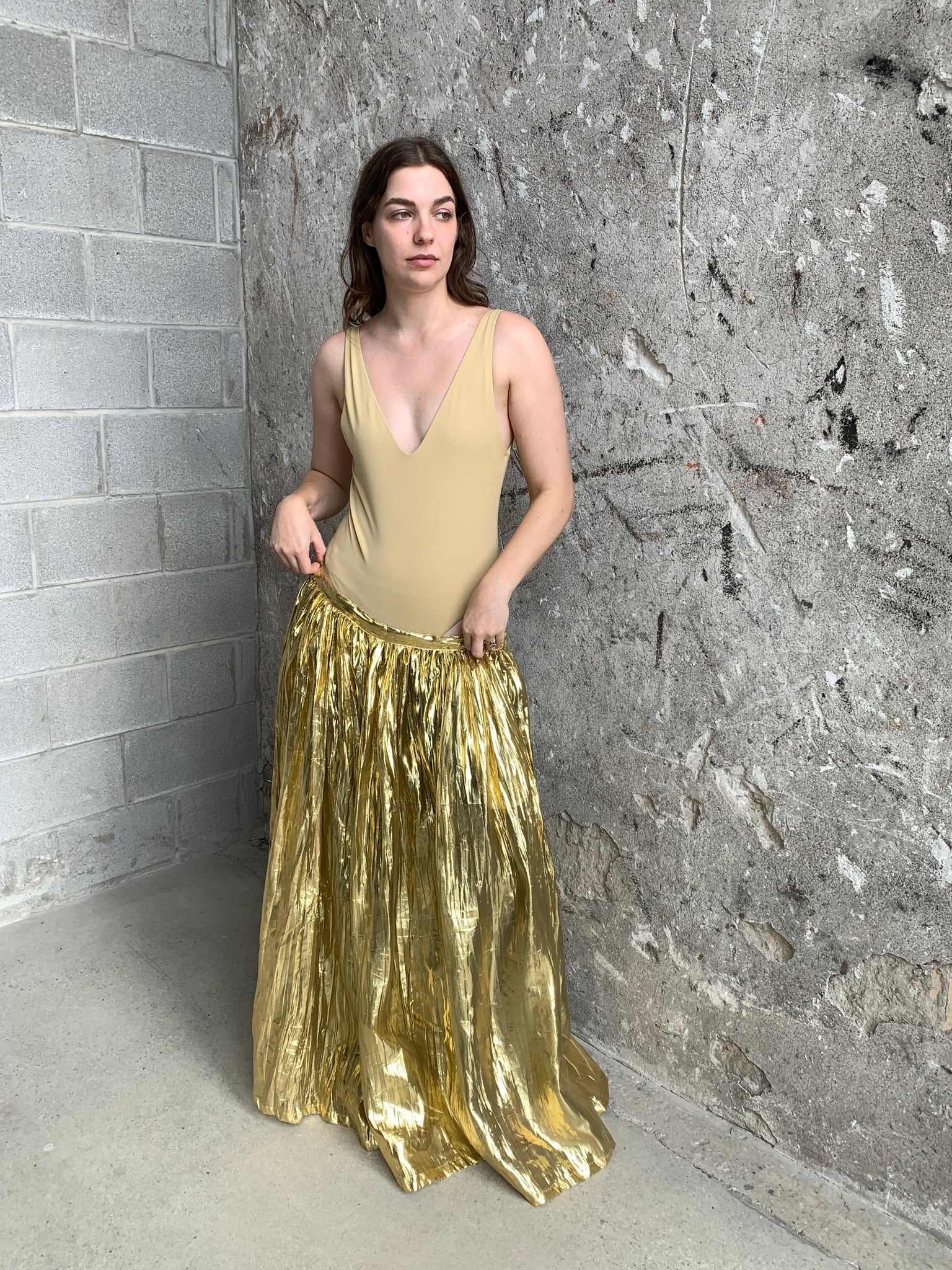 gold lame wide leg pants