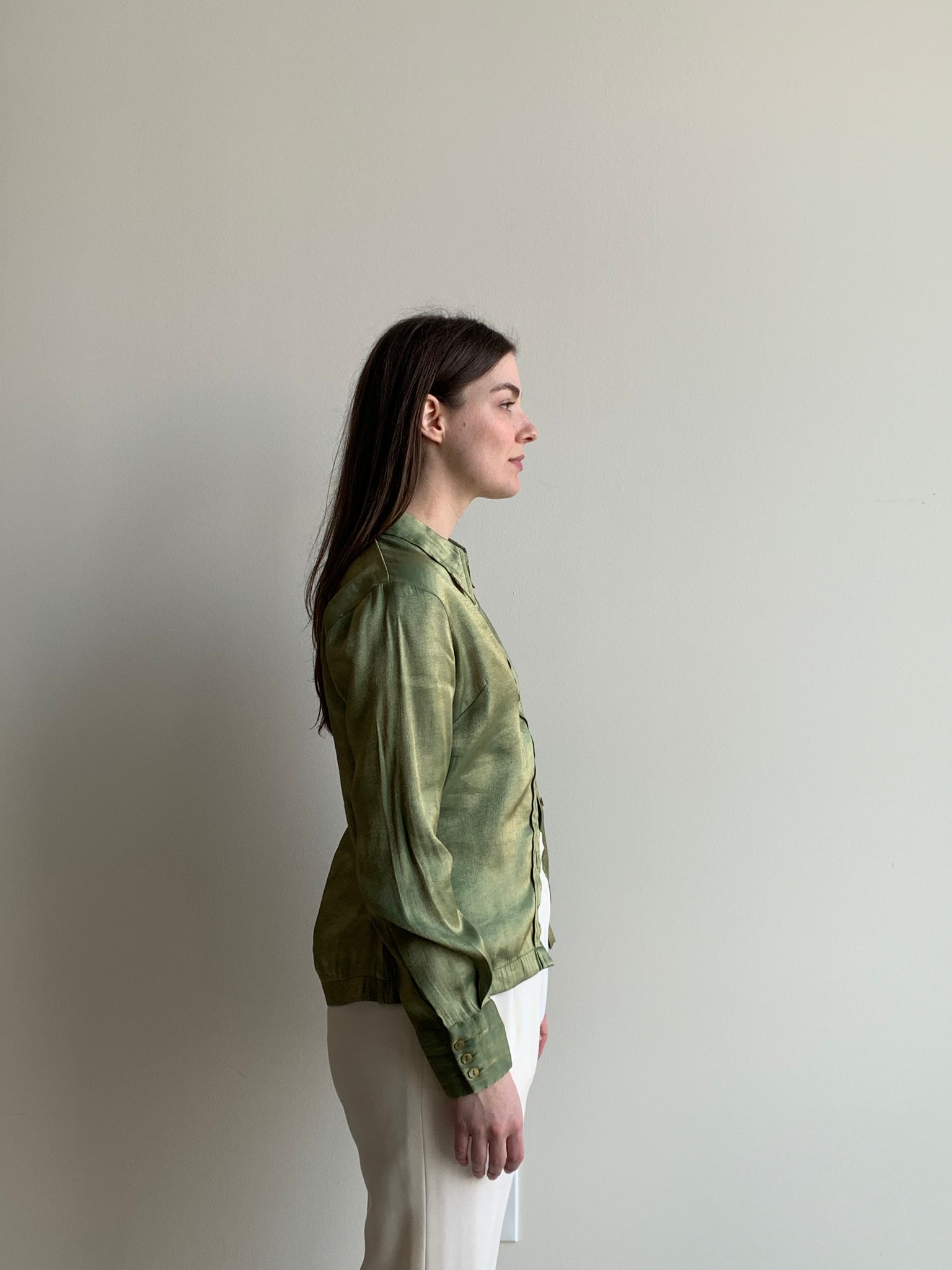 shimmery green button down