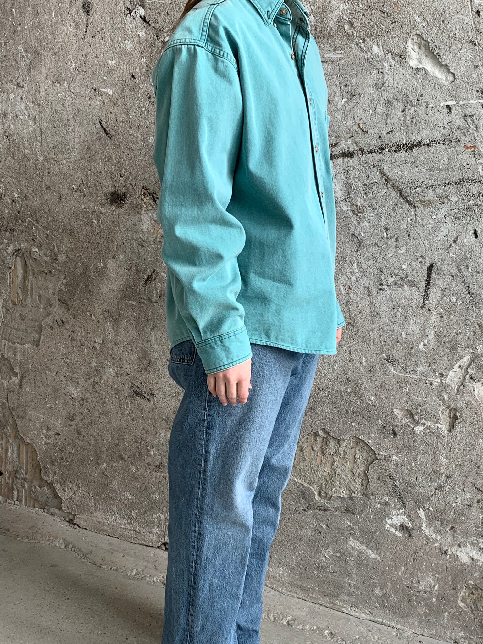 teal button down shirt