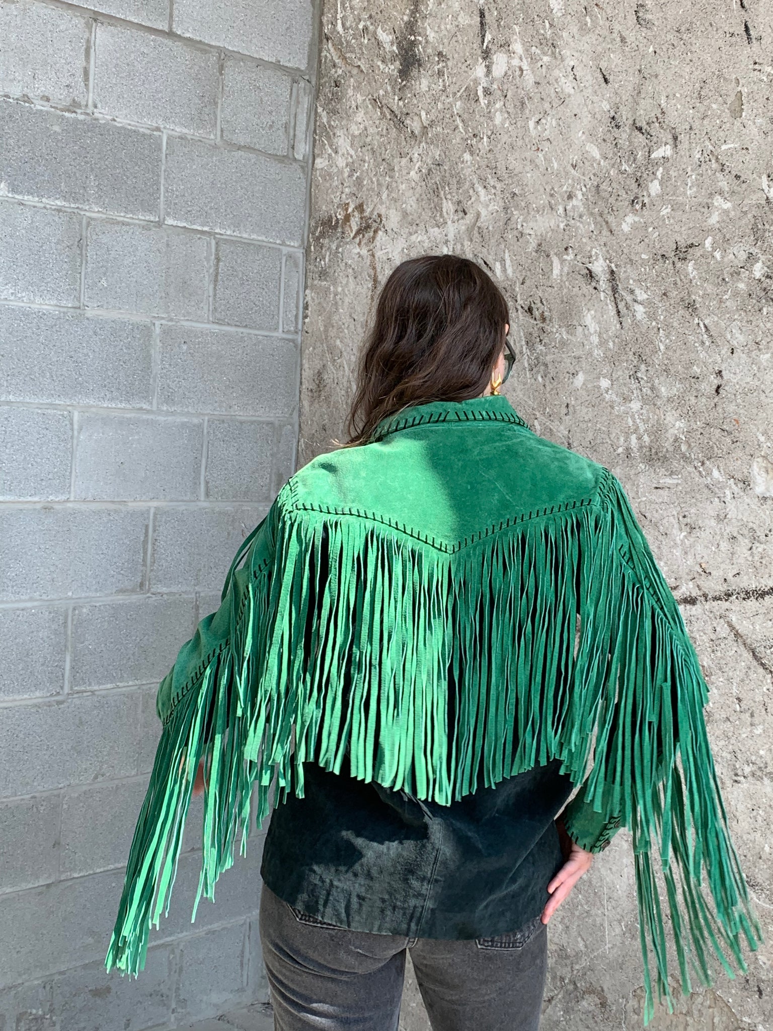 green suede fringe jacket