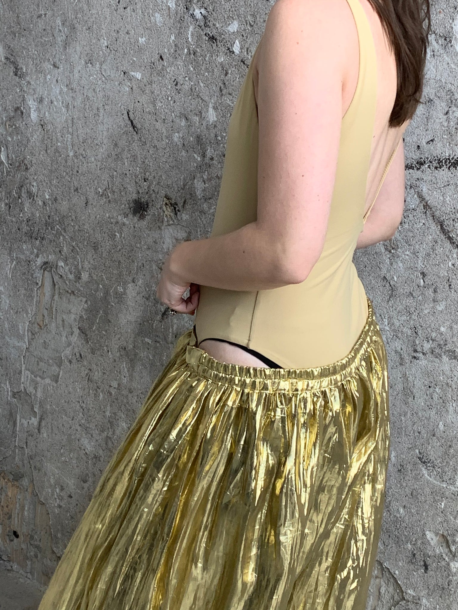 gold lame wide leg pants