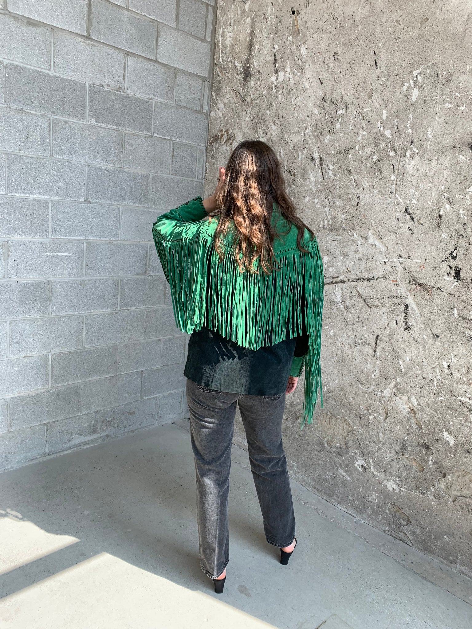 green suede fringe jacket