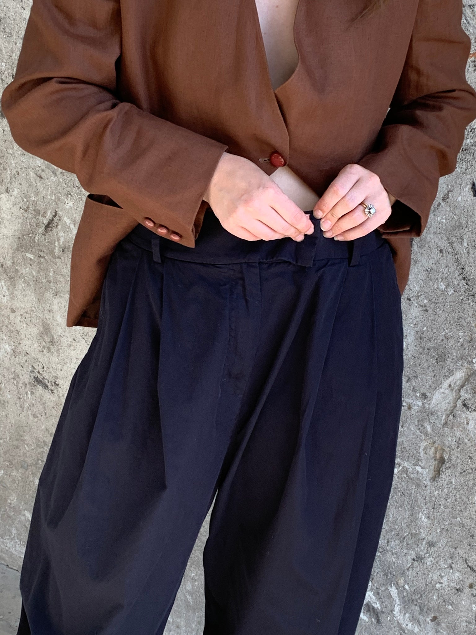 navy pleated pants