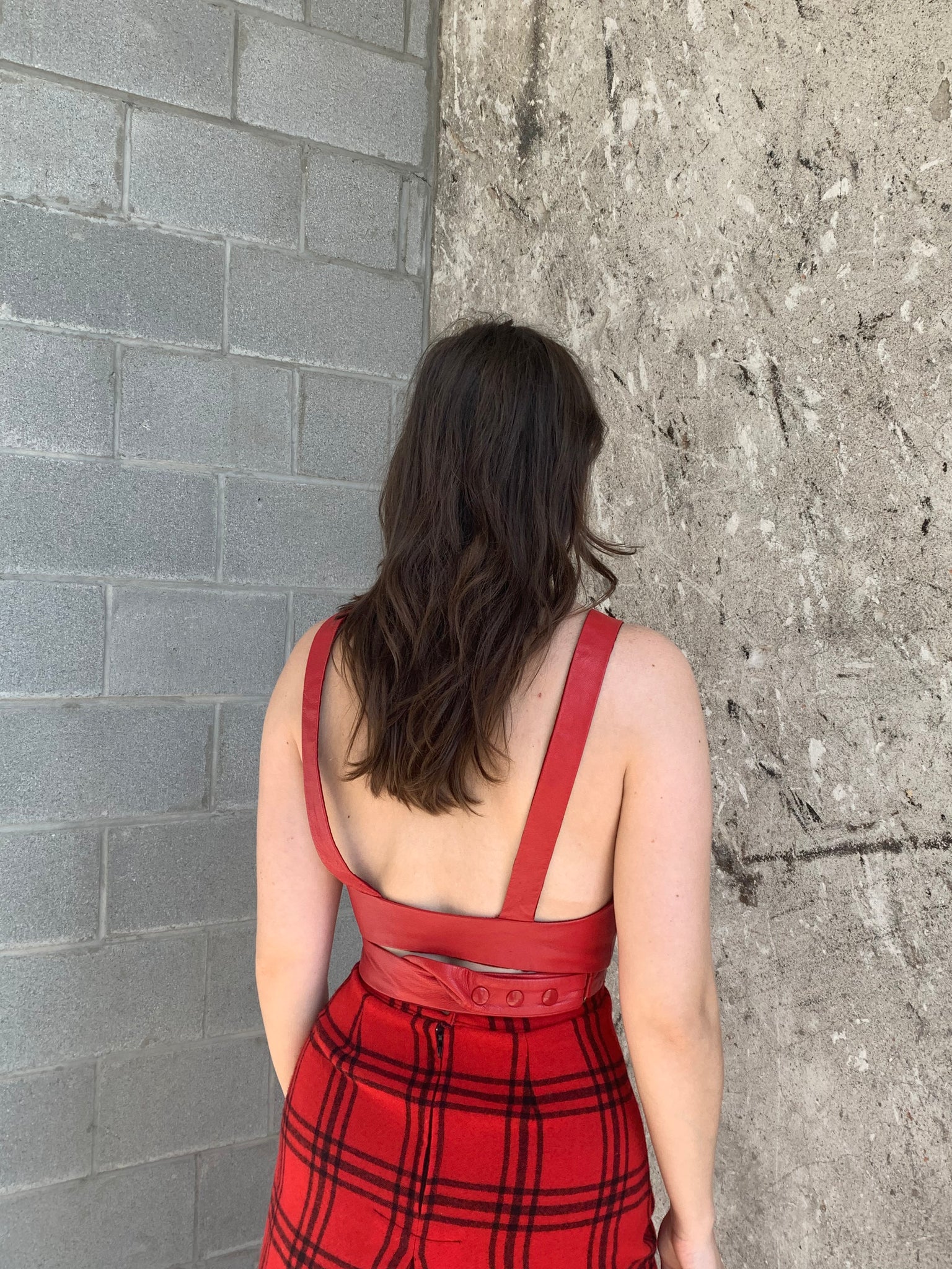 red leather bralette