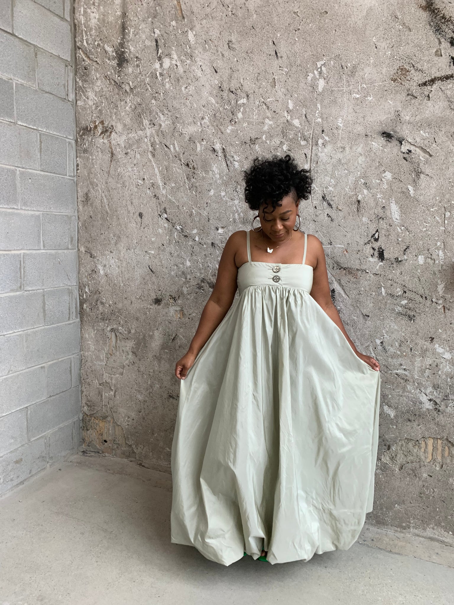 sage silk bubble hem dress